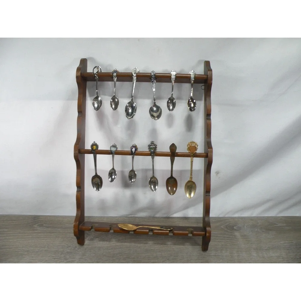 Vintage USA Souvenir Spoon Collection 16 Spoons & Wooden Display Rack Mixed